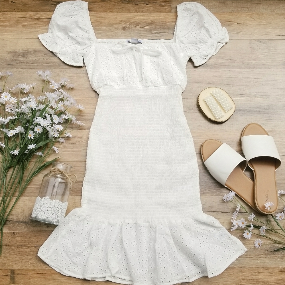 Smocked White Mini Dress
